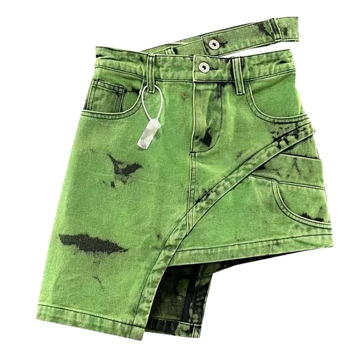 

American Vintage retro Style Green Denim Skirts Women Fashion Personalized Double Row Waist Asymmetric Mini Skirts for women