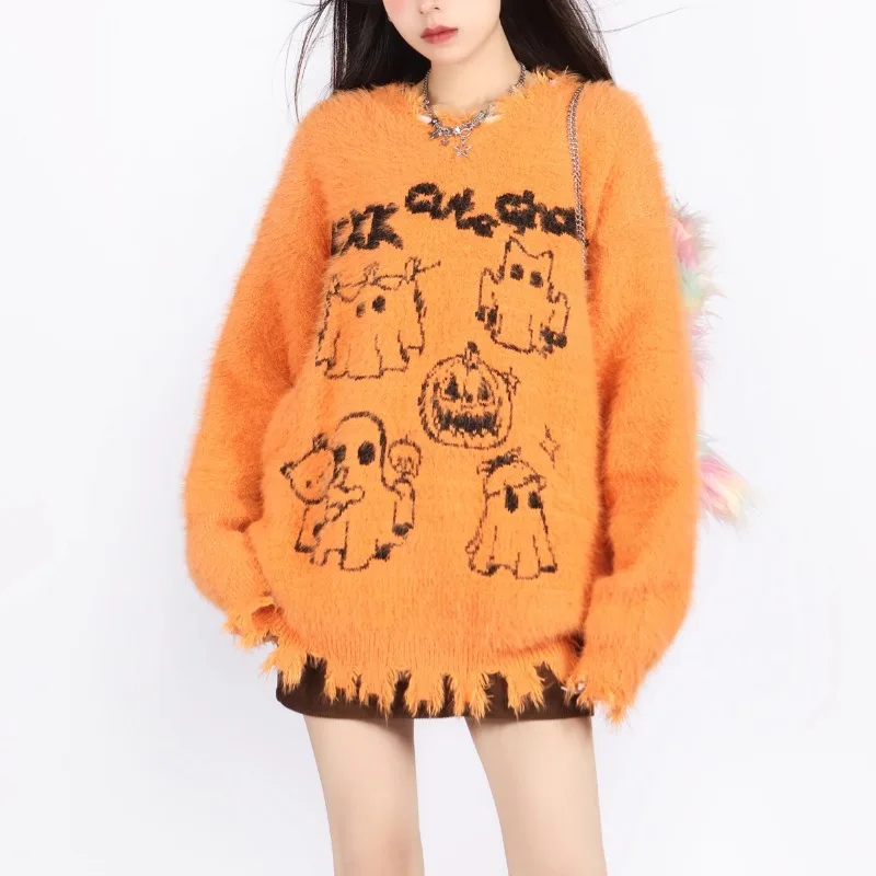 

HOUZHOU Halloween Sweater Women's Autumn Winter Vintage Cute Pumpkin Loose Irregular V-neck Mohair Knitted Sweater Streetwear