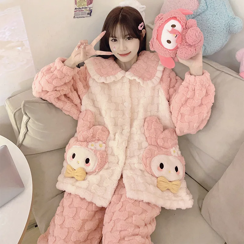 

New Sanrio Cute Cartoon Cinnamoroll Women's Autumn and Winter Pajamas Set Cute Anime Warm Thickened Sweet Home Clothing Pajamas