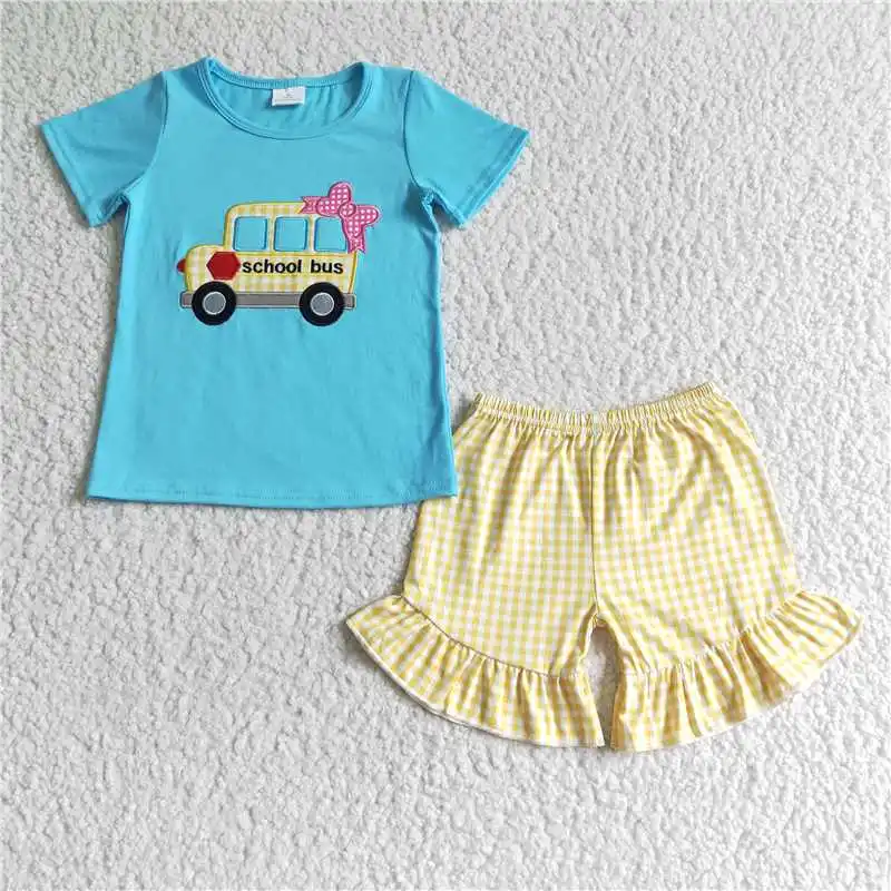 Abbigliamento Per Bambini All'Ingrosso Ritorno A Scuola Autobus Blu Manica Corta Ricamo Neonate Vestiti Pantaloncini Vestito Vestiti Estivi Boutique