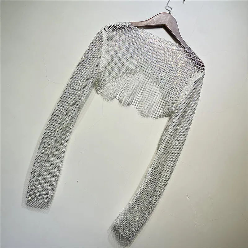Sparkly Crystal Crop Tops For Women Fishnet Hollow Out See Through Cropped Coat Evening Night Club Luxury Top Party Wear