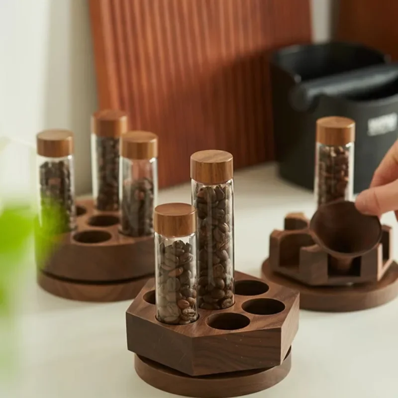 Walnut Glass Display Rack Coffee Bean Test Tube Sorting Bottle Miscellaneous Grain Sealed Jar Space Saving Kitchen Storage 4