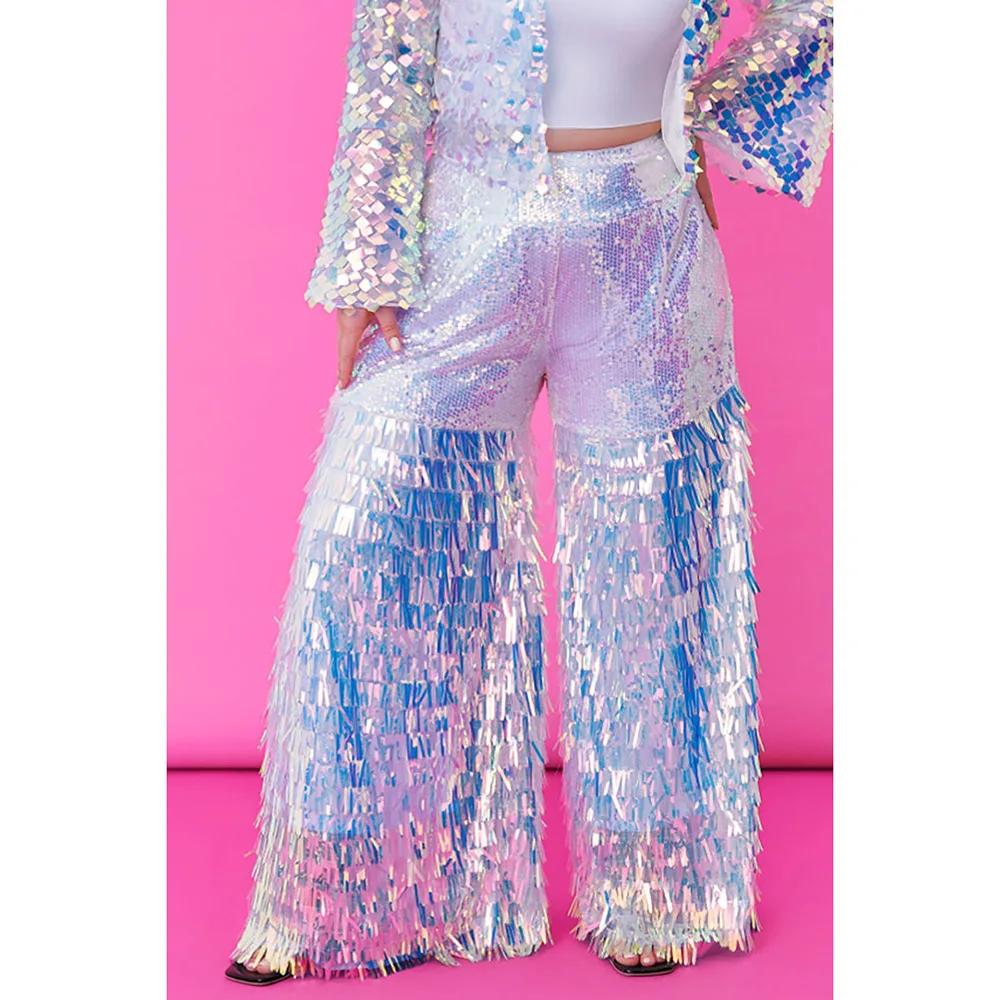 Plus Silver Party High Waist Wide Leg Sequin Pants female denim shorts 2021 summer wear new high waist slimming heavy beaded sequin fringed ripped wide leg pants jeans hot pants