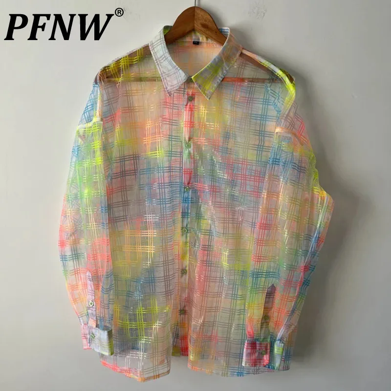 

PFNW Autumn Men's Rainbow Colorful Plaid Perspective Shirts Glass Yarn Organza Loose Fashion Personality Breathable Tops 21Z1976