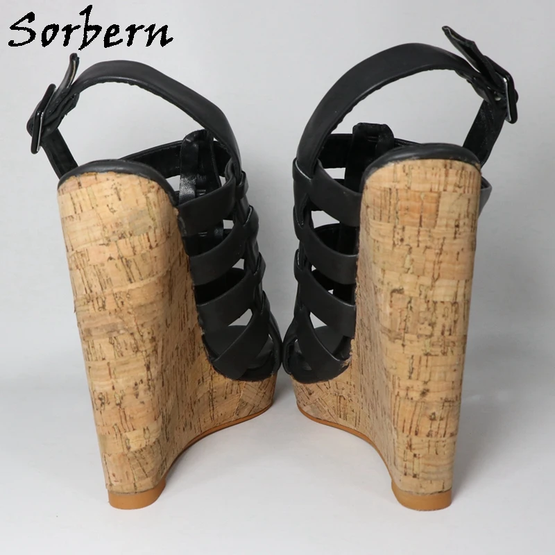 Sorbern Black Matte Wedge Sandals For Women Multi Straps Slingback Cork Platform Summer Shoes Multi Colors
