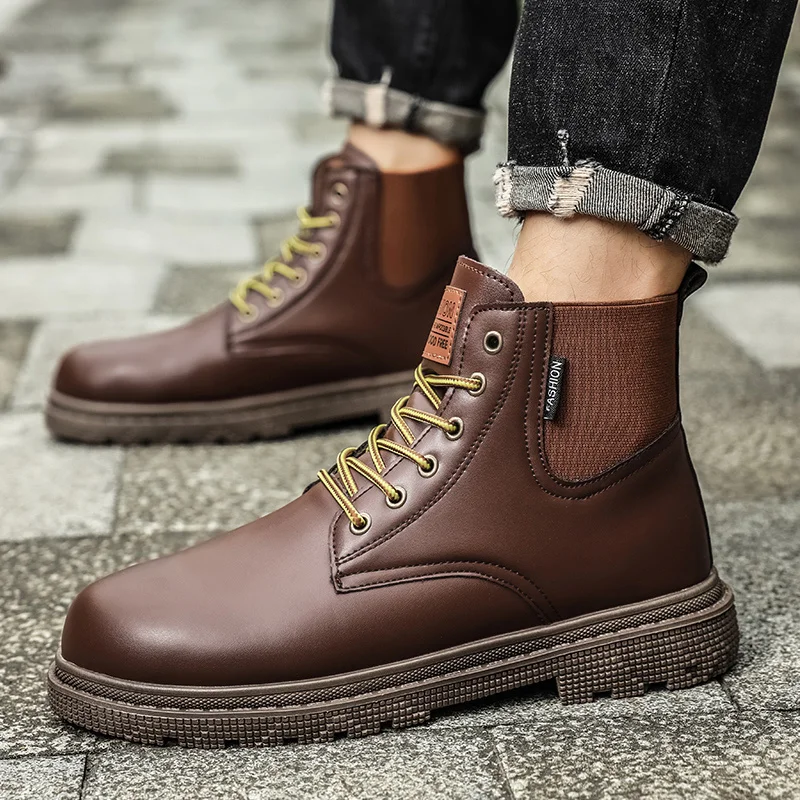 Autumn Winter Couple Leather Ankle Boots Classic Brown Work Boots For Men Comfort Anti-slip Men Outdoor Botas Para Hombre