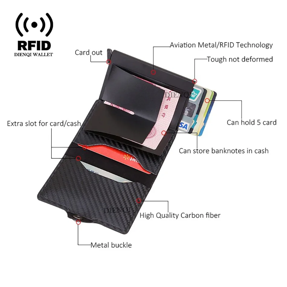 Carbon Fiber Wallet For Men Credit Card Holder RFID Blocking Thin Mini Aluminium Metal Wallets Coin Pocket Money Bag Vallet credit card holder carbon fiber wallet