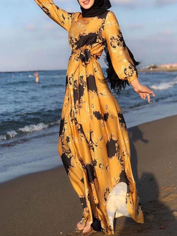 

New Dress for Women Lace Up Fashion Slim Fitting Dress Printing Long Dresses for Women Comfortable Soft Vintage Luxury Dresses