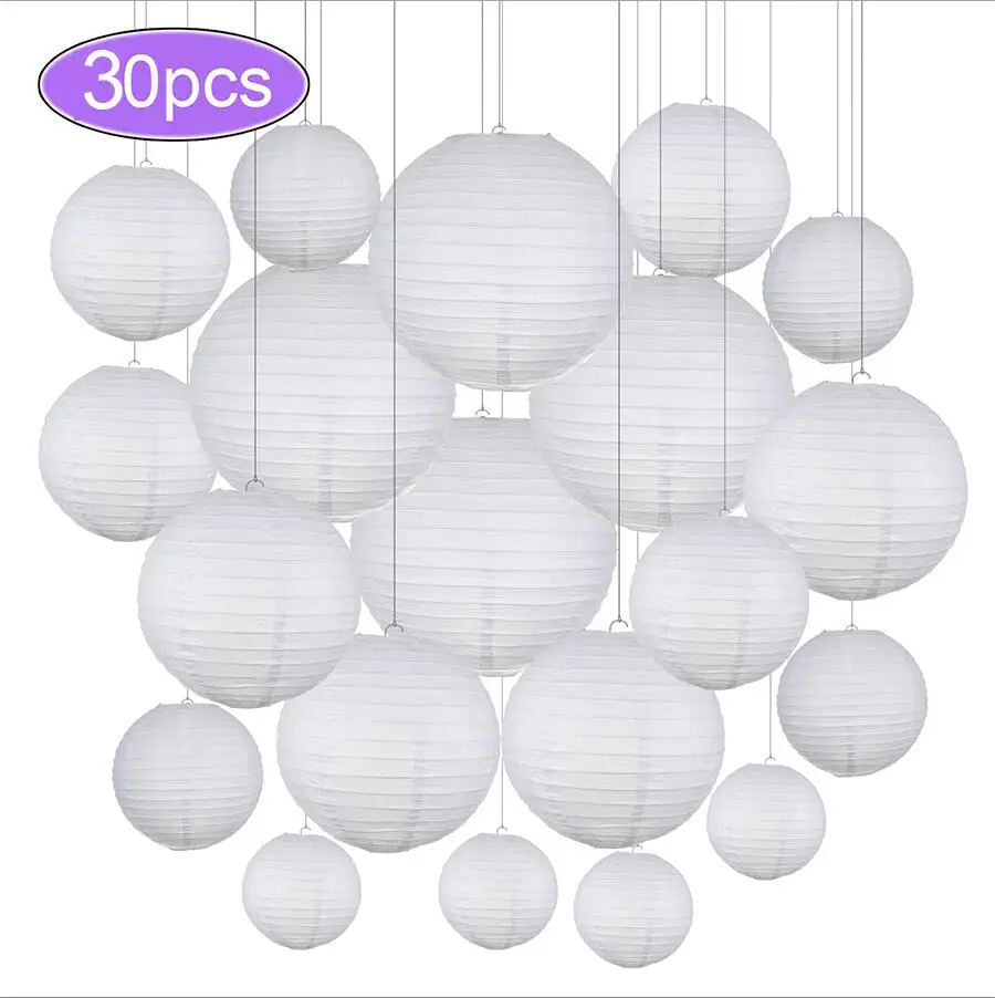 thumbnail image 1 of 30pcs/Lot 4''-12'' Mix Size Chinese Paper Ball Lampion Hanging White Wedding Decoration Paper Lanterns Lampshade Party Decor, 1 of 5