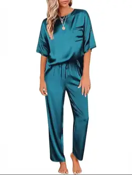 Two piece set of women's solid color satin pajamas and home clothes, short sleeved pants, loose and casual outdoor home clothes