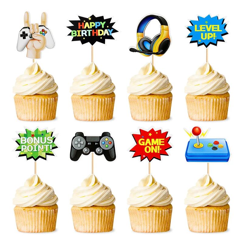 Game Party Decorations 36pcs Video Game Cupcake Toppers - Blue Game Controller Cake Picks For Gamer Birthday Parties Blue Gaming Toppers