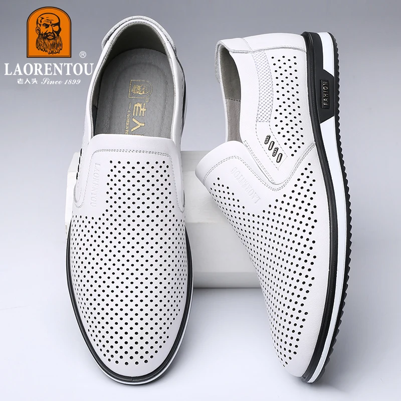 LAORENTOU summer 2024 New White Leather Shoes Hollow Breathable Genuine Leather Casual Men's Shoes Small White Shoes 95268 3