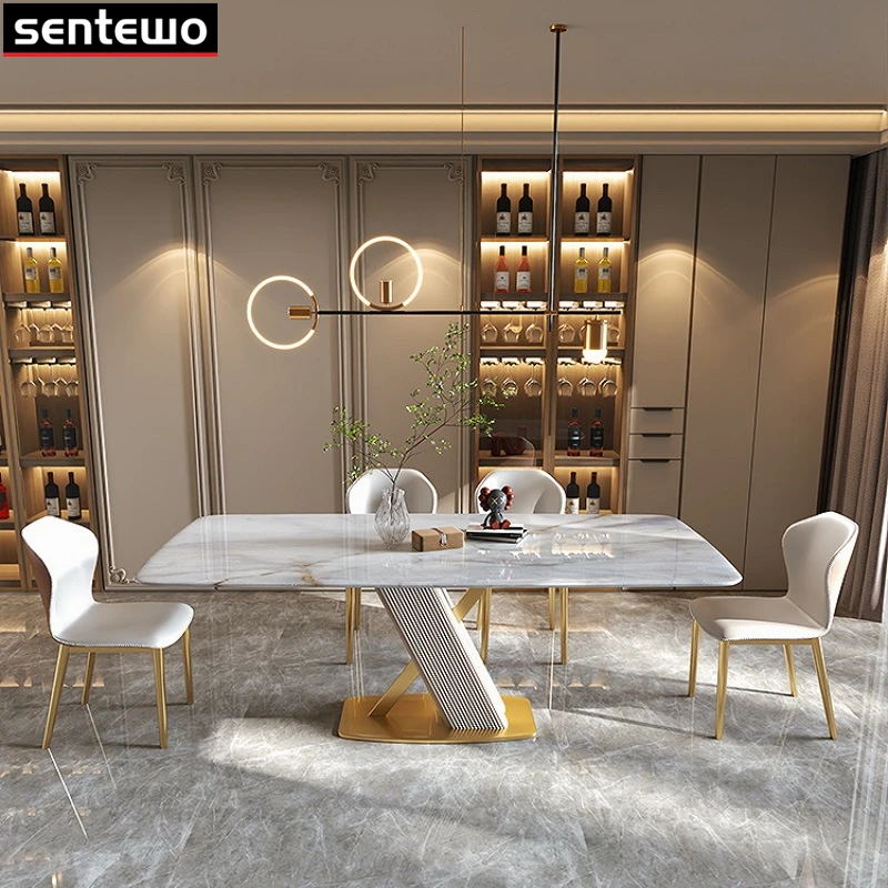 

Luxury Dinner Room Marble Rock Slab Dining Table Set 4 Chairs Mesa De Jantar Comedor A Manger Esstisch Stainless Steel Gold Base
