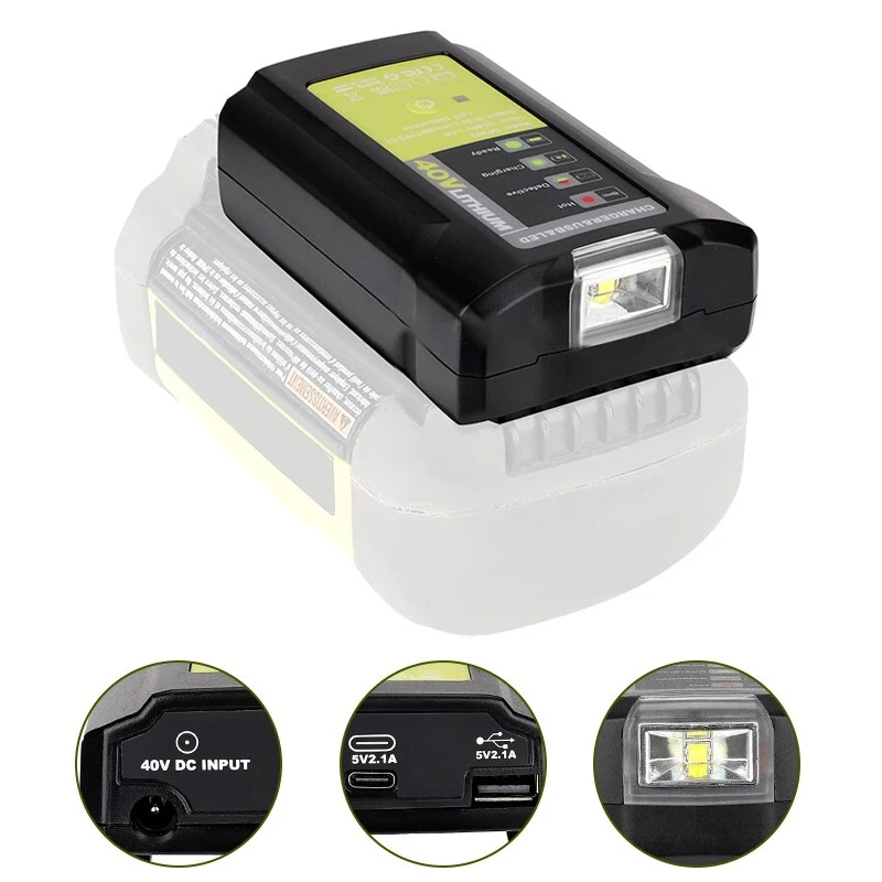 

Electric Tool Power Adapter Charger for RYOBI 36-40V Li-ion Battery with LED Work Light USB Type-C Output 5V 2.1A