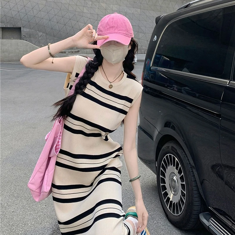 민소매 니트 긴 원피스 여성용 스트라이프 탱크, 섹시한 캐주얼 한국 올매치, 여름 시크 패션 