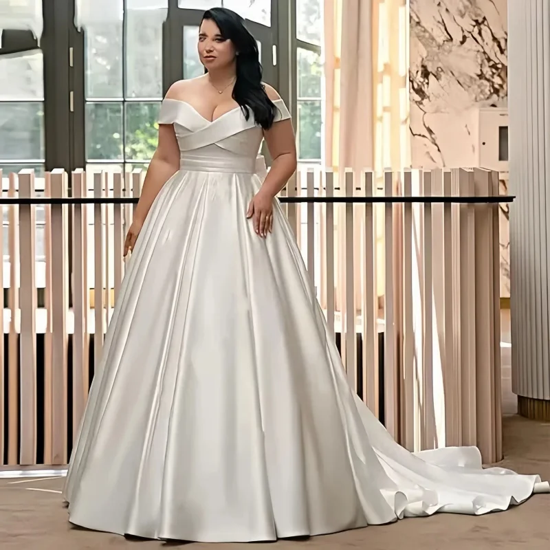 Satin V Neck Plus Size Wedding Dresses Off The Shoulder Lace Up Back Big Bow Pleated Bridal Gown with Pockets and Court Train 1