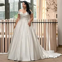 Plus Size Wedding Dresses V Neck Off-Shoulder Lace-Up Back