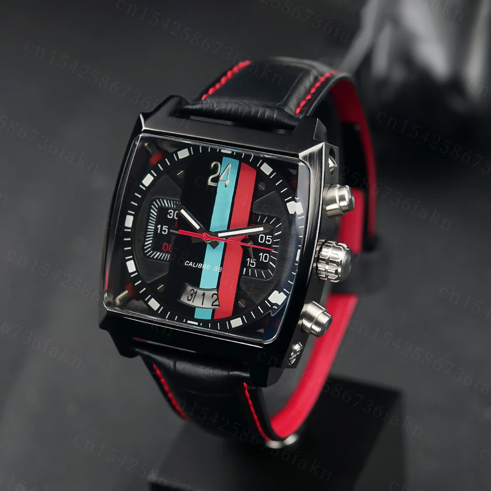 2022Fashion New Men's Color Bar Square Dial Sapphire Mirror Stainless Steel Leather Strap Sports Leisure Waterproof Quartz Watch
