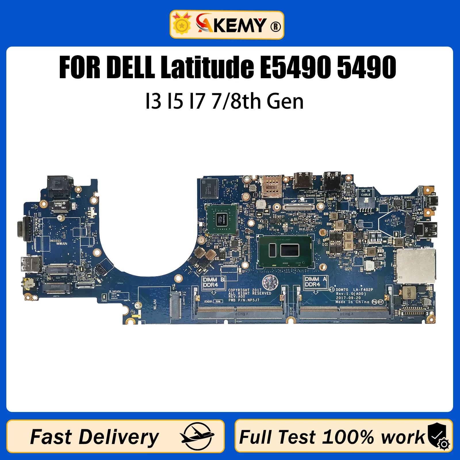 Материнская плата для ноутбука DELL Latitude E5490 5490 LA-F401P 0C08DH 09X5J9 08KN1W 01TWGW 08DT9H I5 I7 7/8