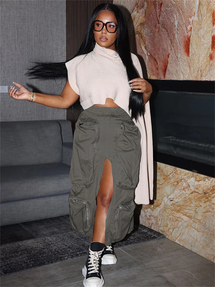 

WJFZQM Fashion Solid Color High Waist Zipper Stitching Large Pocket Loose Heavy Industry Tooling Half Skirt Long Skirt 2023