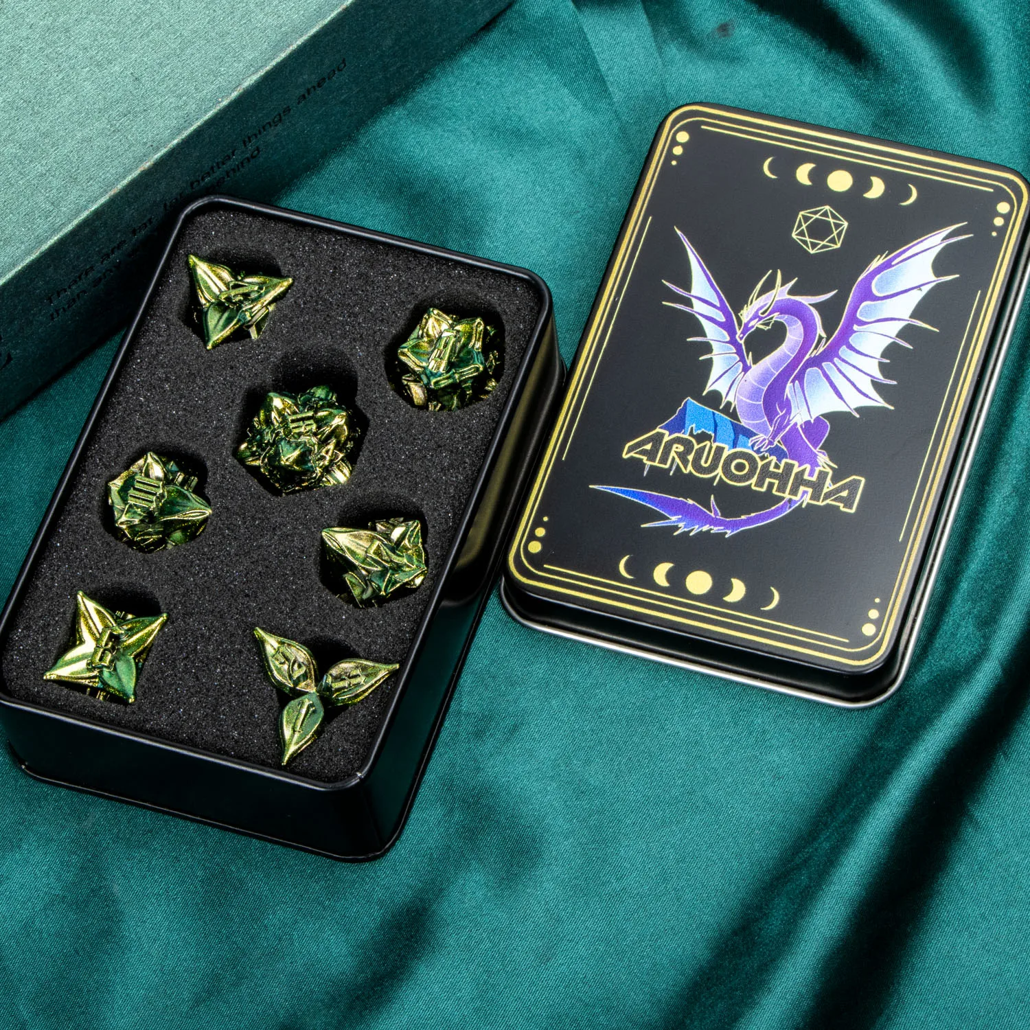 Dnd Metal Polyhedral RPG Dice Set For Dungeon and Dragon Pathfinder Role Playing Games D20 D12 D10 D8 D6 D4 D + D Retro Green game dice,dice set