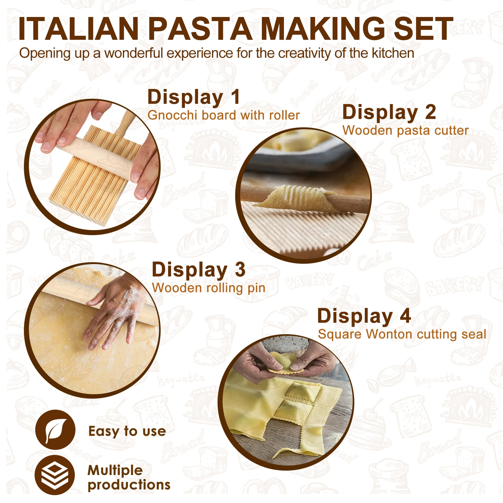 11Pcs Pasta Making Tools Kit Efficient Pasta Making Set Wooden Threaded Rolling Pin Gnocchi Board Dough Cutter Dumpling Maker