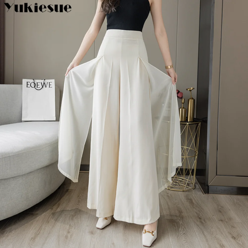 

New Summer Fashion Korean Leisure High Waist Elegant Chiffon High Waist drape Wide-Leg Pants Skirt Side Slit Two Layers Women