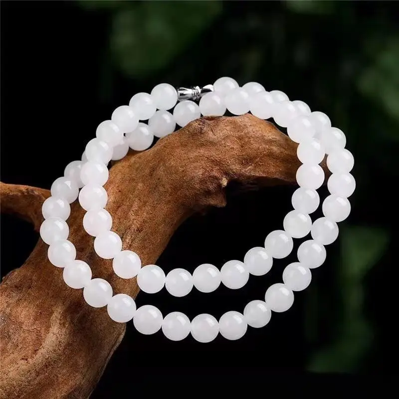 High Quality White Jade Round Beads Necklace Natural Material Chain Perfect Boutique Jewelry Pendant Handmade Products