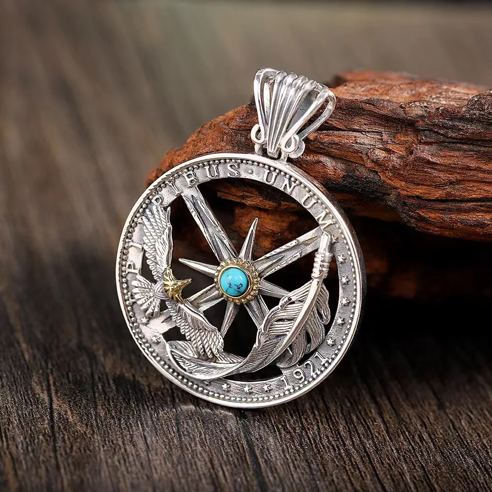 

S925 Sterling Silver Carved Feather Pendant for Men's Fashion Retro Trend Ethnic Style