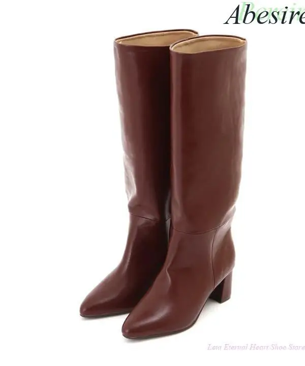 

New Style Fashionable Minimalist Design Pointed Toe Back Wedge Heel Slimming Black Classic Versatile Women's Knee-High Boots
