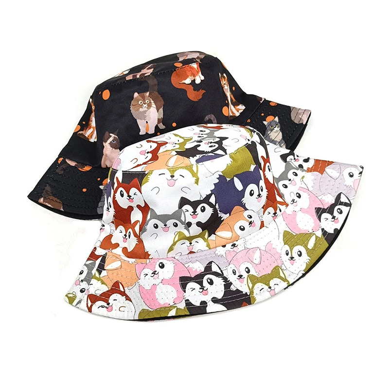 Bocca Cartoon Cat Bucket Hat Cute Animal Printing Pattern Fisherman Hats Double Sides Panama Cap For Men Women Outdo