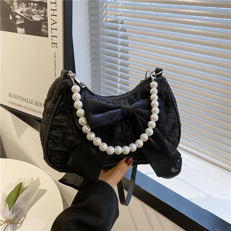 Summer Small Bag Women New Fashion Slung Shoulder Bag Pleated Cute Bow Pearl Handbag Luxury Brand Female Crossbody Bag