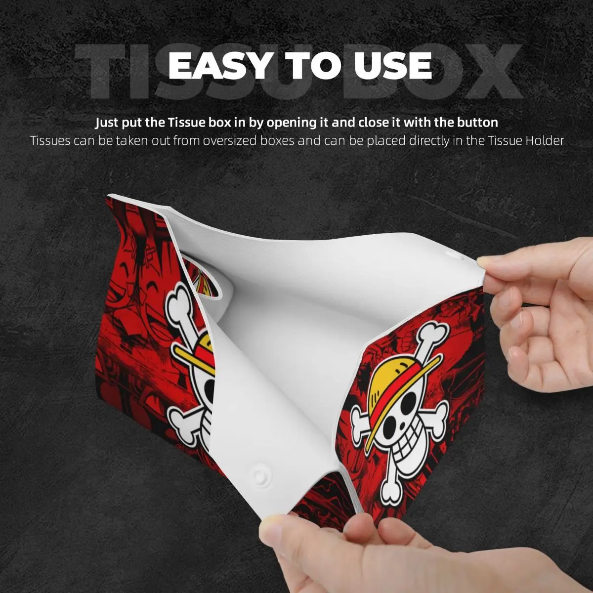 Custom One Piece Straw Hat Pirates Skull Tissue Box Holder Square Anime Manga PU Leather Facial Tissue Box Cover for Car Home 4