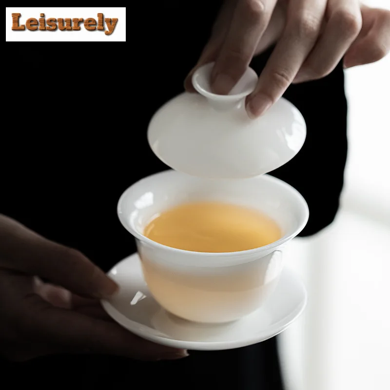 115ml Iced Jade Porcelain Gaiwan Ancient Dehua White Three Talent Tea Tureen Tea Brewing Cover Bowl Tea Services Decoration