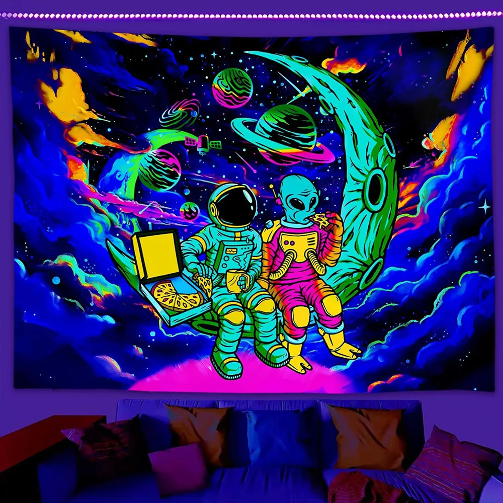 Psychedelischer Alien UV-reaktiver Wandteppich, Hippie-Astronauten-Wandbehang, Wandteppich, Gothic, Zuhause, Schlafzimmer, Hexerei, Meditation, Dekor – Detail 19