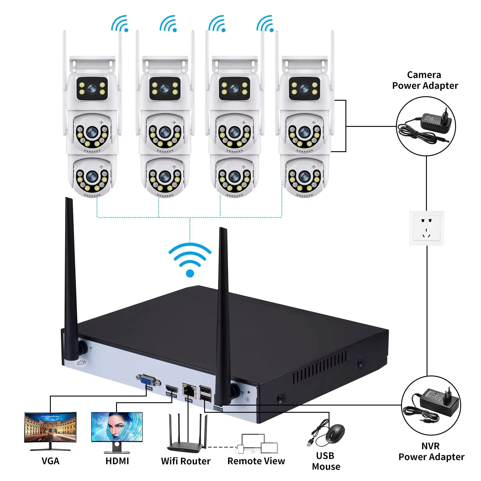Gadinan PTZ 듀얼 렌즈 WIFI IP 카메라 시스템 양방향 오디오 무선 HD 8MP 컬러 야간 투시경 보안 감시 카메라 XMEye