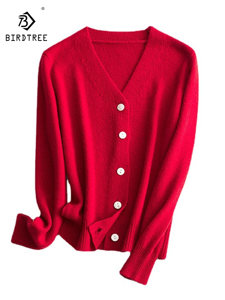 

Birdtree 100% Wool V-Neck Loose Fitting Knitted Cardigan Women's Small Basic Coat Long Sleeved Christmas Sweater New T3N142QC