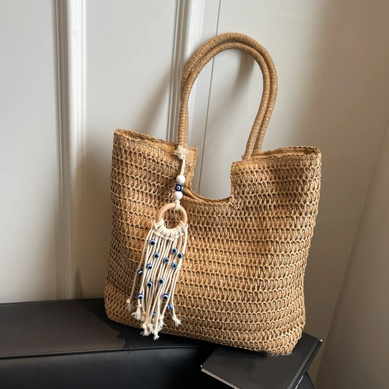 Fashion Large Capacity Fringe Pendant Handmade Straw Handbag Women Holiday Beach Casual Tote Top-Handle Bags Retro Shoulder Bags