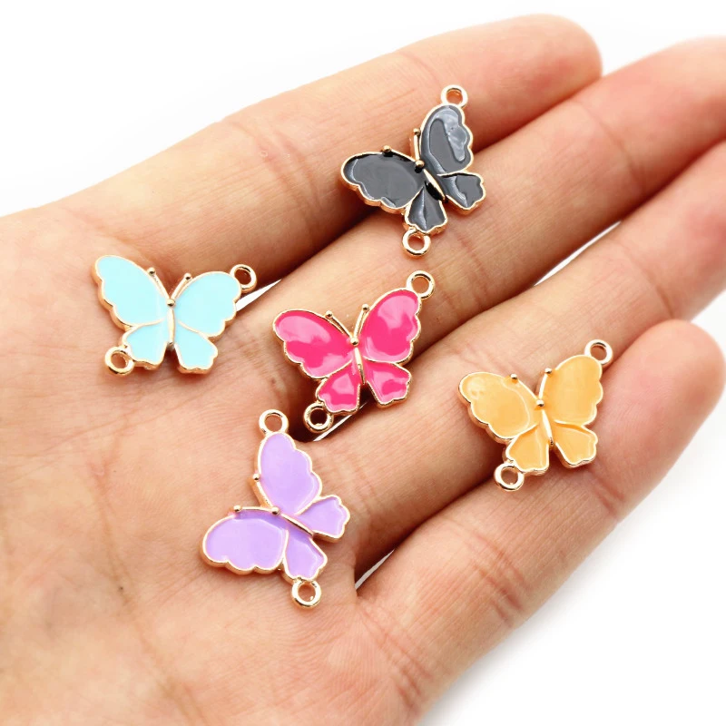 10pcs 15x20mm 더블 루프 나비 매력 펜던트 에나멜 합금 금속 매력 DIY 쥬얼리 액세서리 목걸이 팔찌