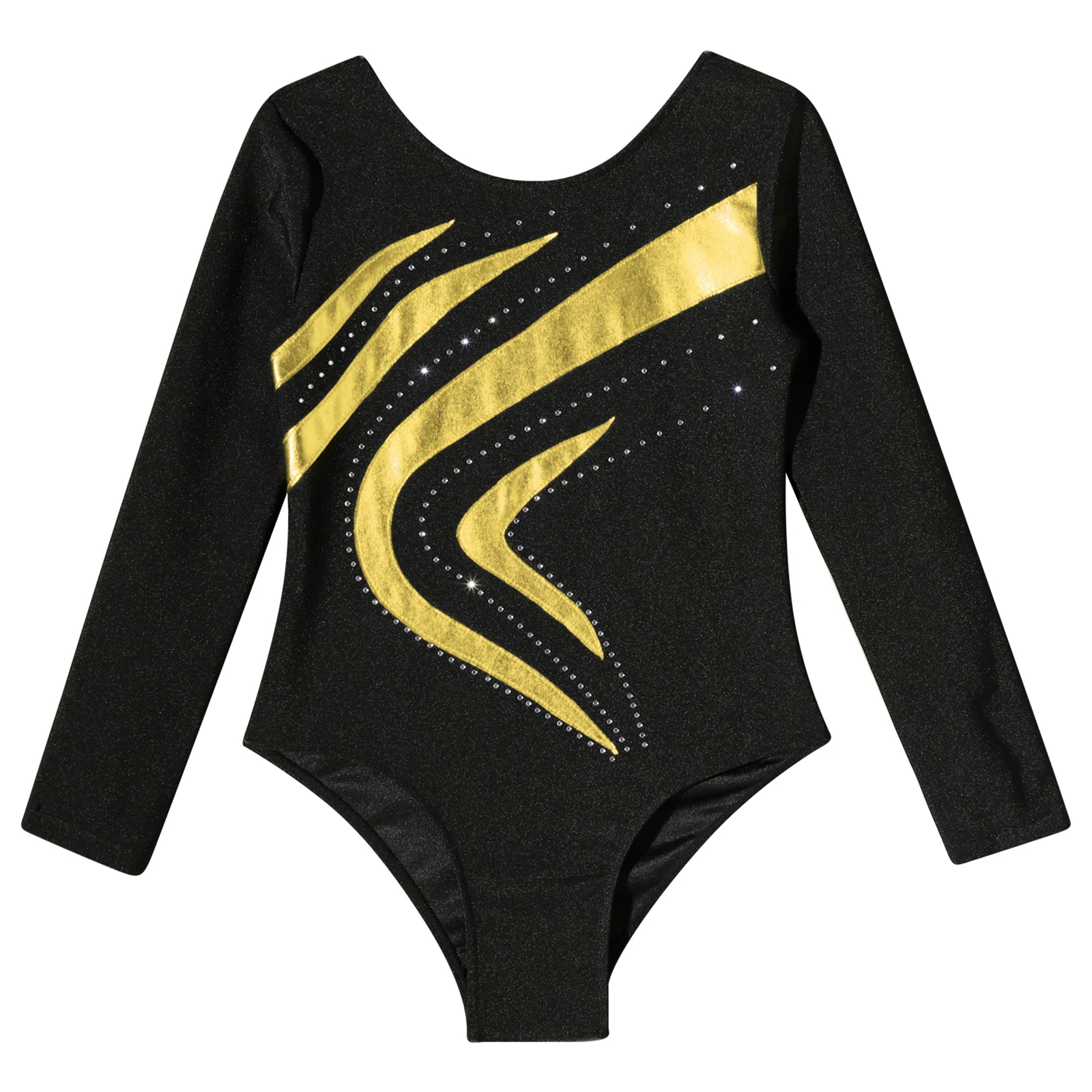Ballet Dancer Leotard Kids Dance Bodysuit Girls Gymnatics Dancewear Long Sleeve Round Neckline Shiny Rhinestone Dance Jumpsuit
