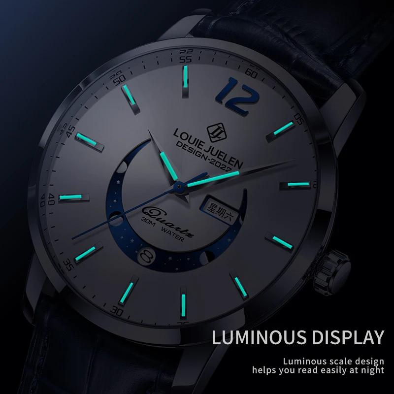 LOUIEJUELEN 2024 New Mens Watches Top Brand Luxury Leather Casual Quartz Watch Luminous calendar moon phases Waterproof Clock