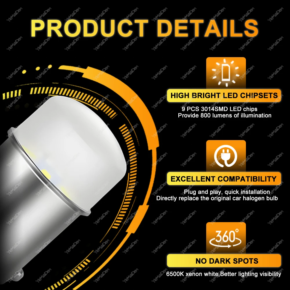 LED Bulb for Turn Signal, Brake, and Reverse Lights - 800LM, 6500K, White/Red/Yellow (2-20 PCS)