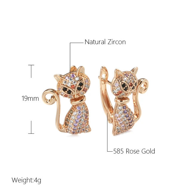 Wbmqda New Fashion 585 Rose Gold Color Cute Cat Shape Earrings For Women Colorful Zircon Setting Unusual Animal Ear Drop Jewelry