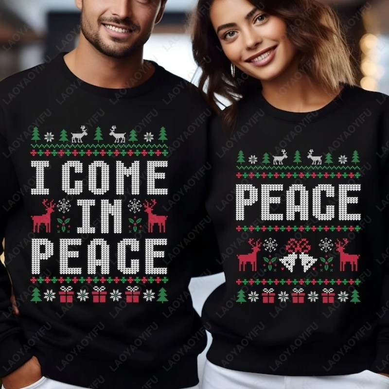 Sweat à capuche assorti pour Couples, noël, drôle, je viens dans la paix, classiques, pour hommes et femmes, hiver, nouvel an, pull chaud de noël