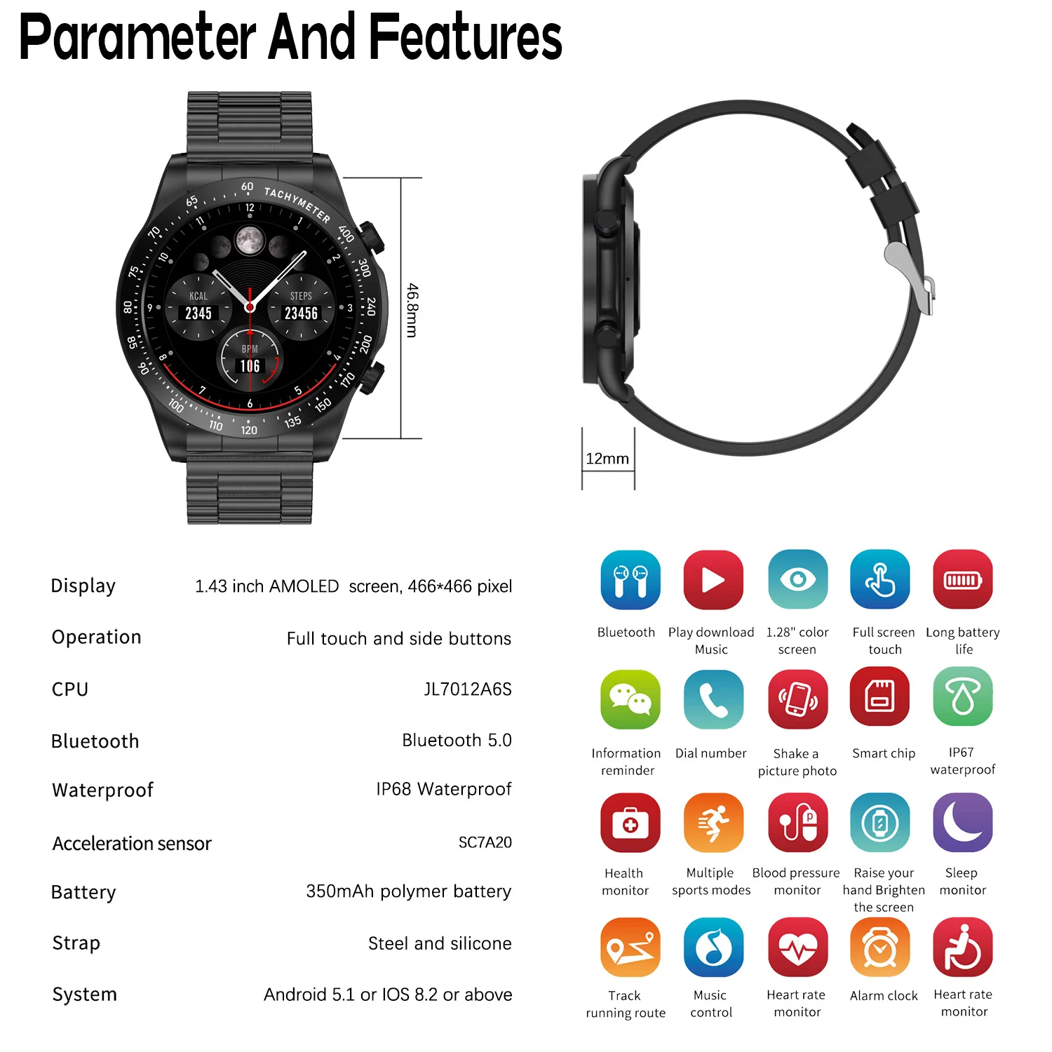 2026 Smart Watch Sleep Monitoring Bluetooth Call 1.43"inch AMOLED Retina HD Display Screen 466 Touch Screen Sports NFC Watch 6