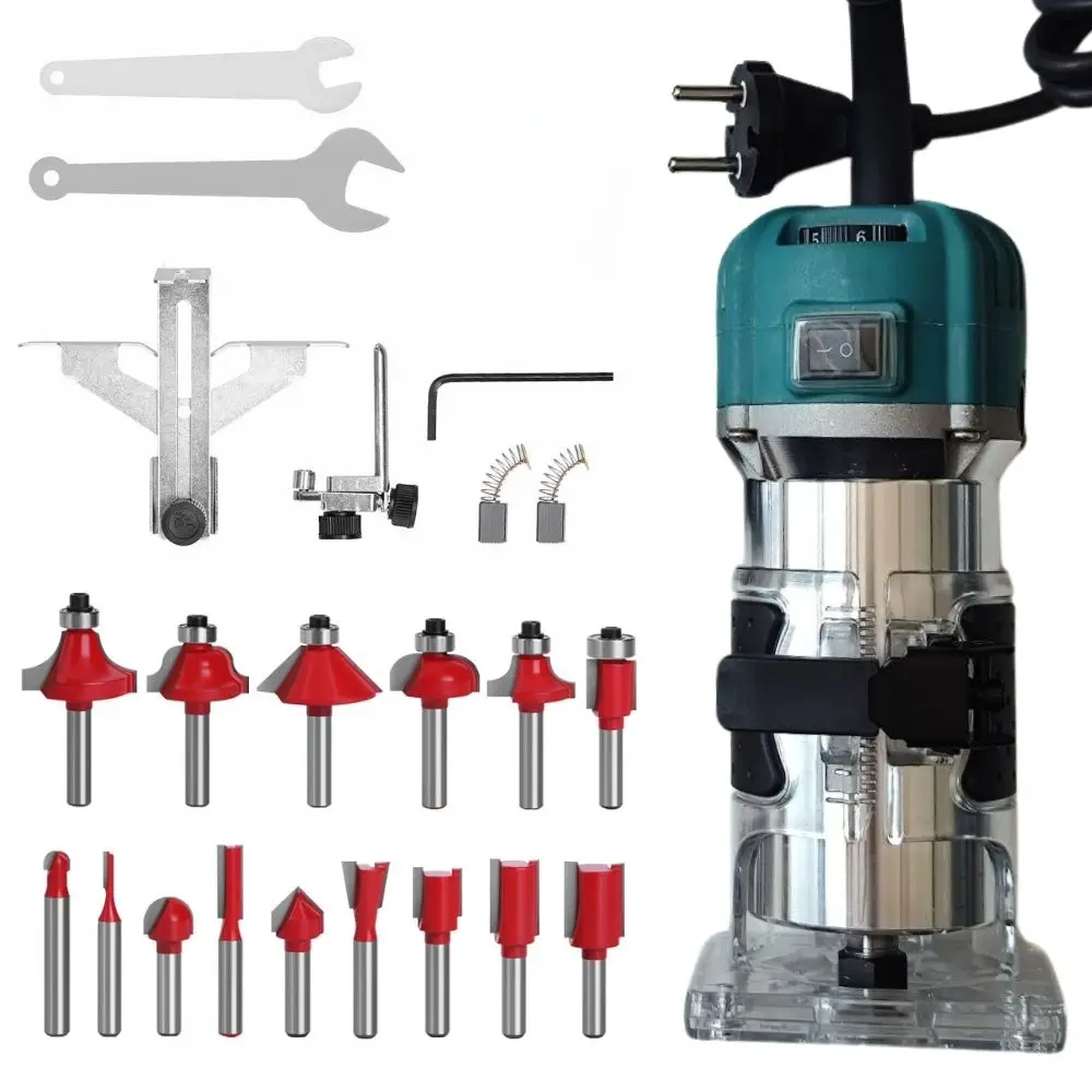 Wood Router Tool Electric Hand Trimmer 800W with 15pcs Trim Router Bits Slotting Carving 1/4" Collets Woodworking Tool