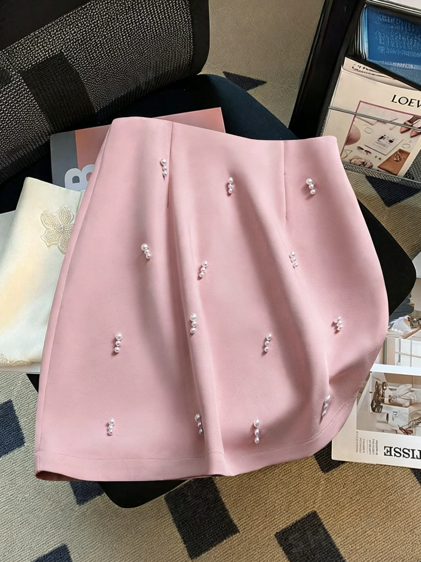 Women's MID Waist Pearl A-Line Mini Skirt - Elegant Office Pencil Skirt with Pearl Detail, Casual & Formal Wear 3