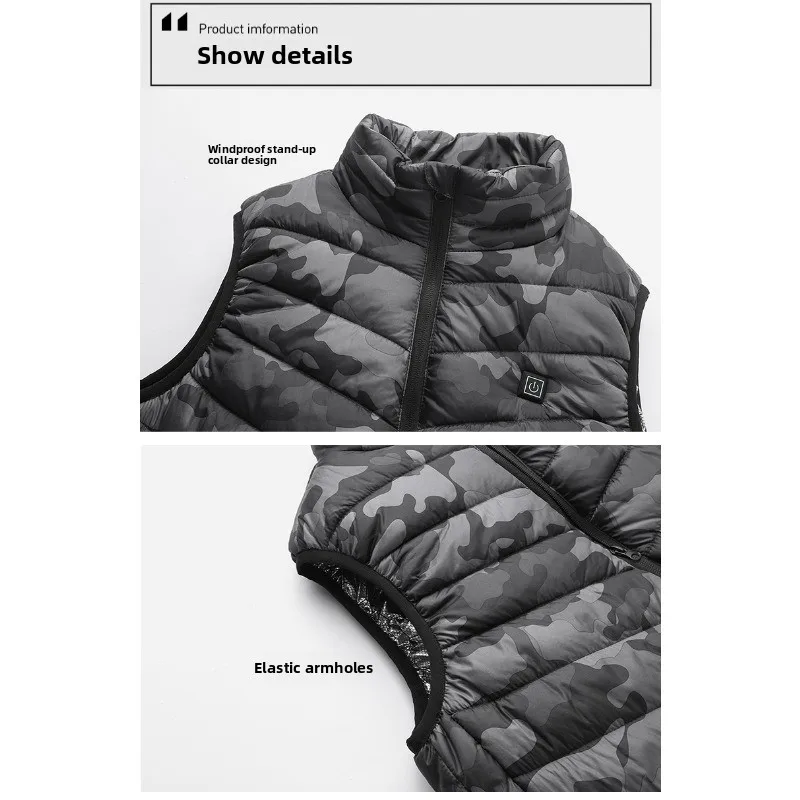 Men's Camouflage Heated Cotton Filled Vest Outdoor Multi-Sport Functional Sleeveless Jacket Fishing Hiking Skiing Activities