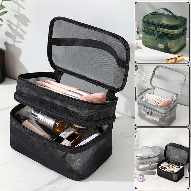 Double Layered Mesh Travel Makeup Bag Multifunctional Storage Case_voghion.com