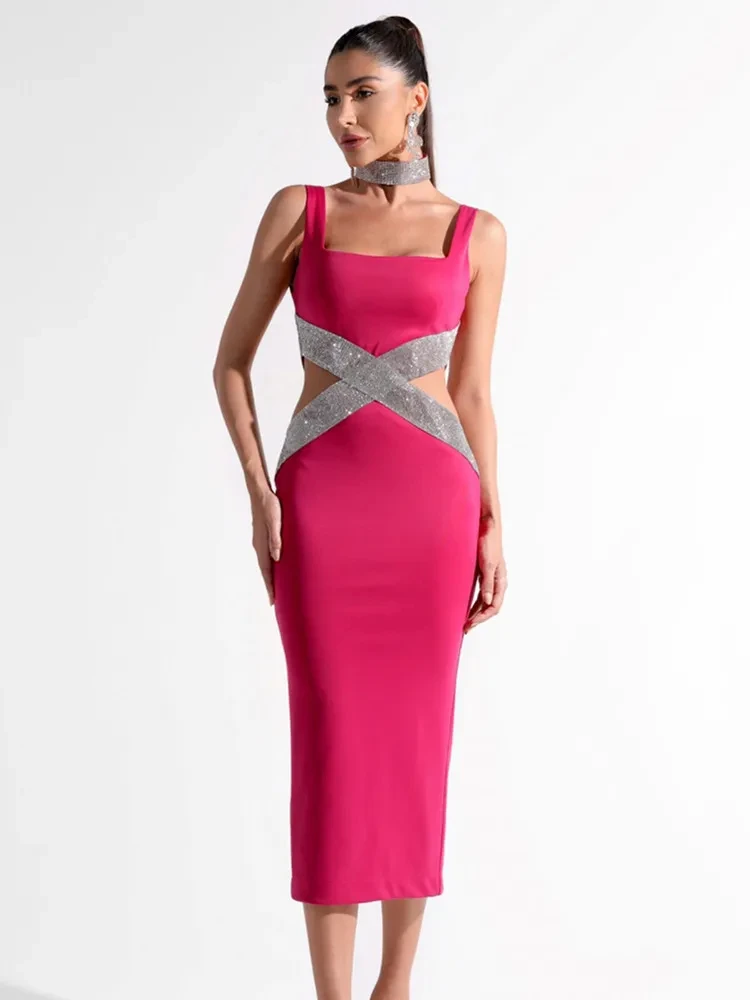 

Women Sexy Backless V Neck Cutout Diamonds Black Hot Pink Midi Bandage Dress Celebrity Elegant Evening Party Club Dress